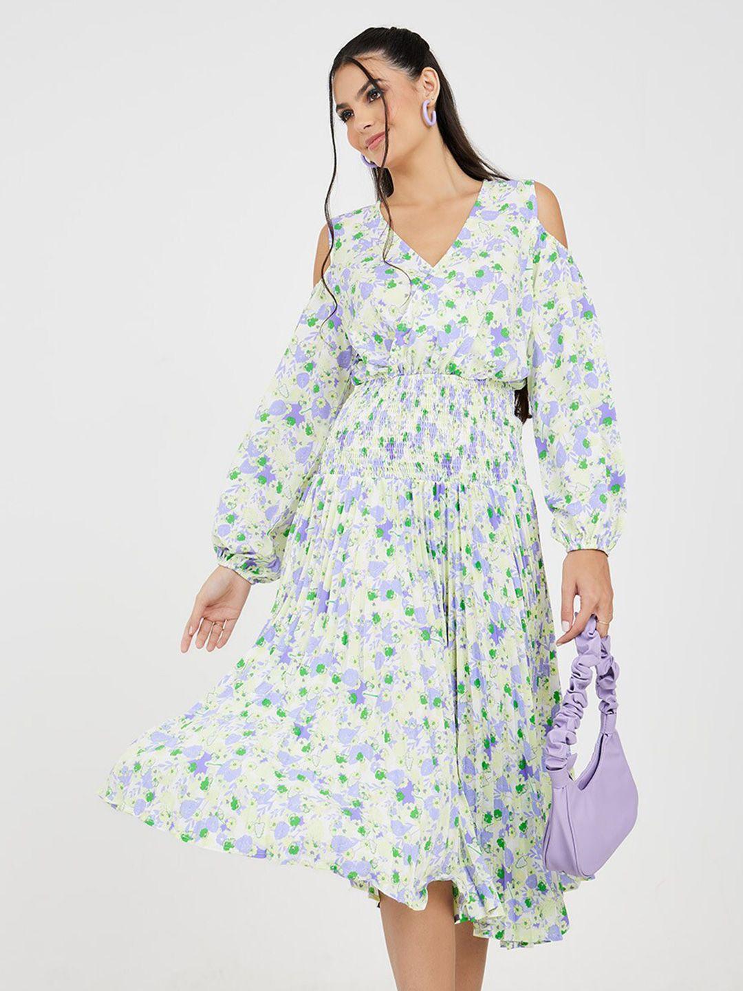 styli-floral-printed-cold-shoulder-smocked-midi-wrap-dress