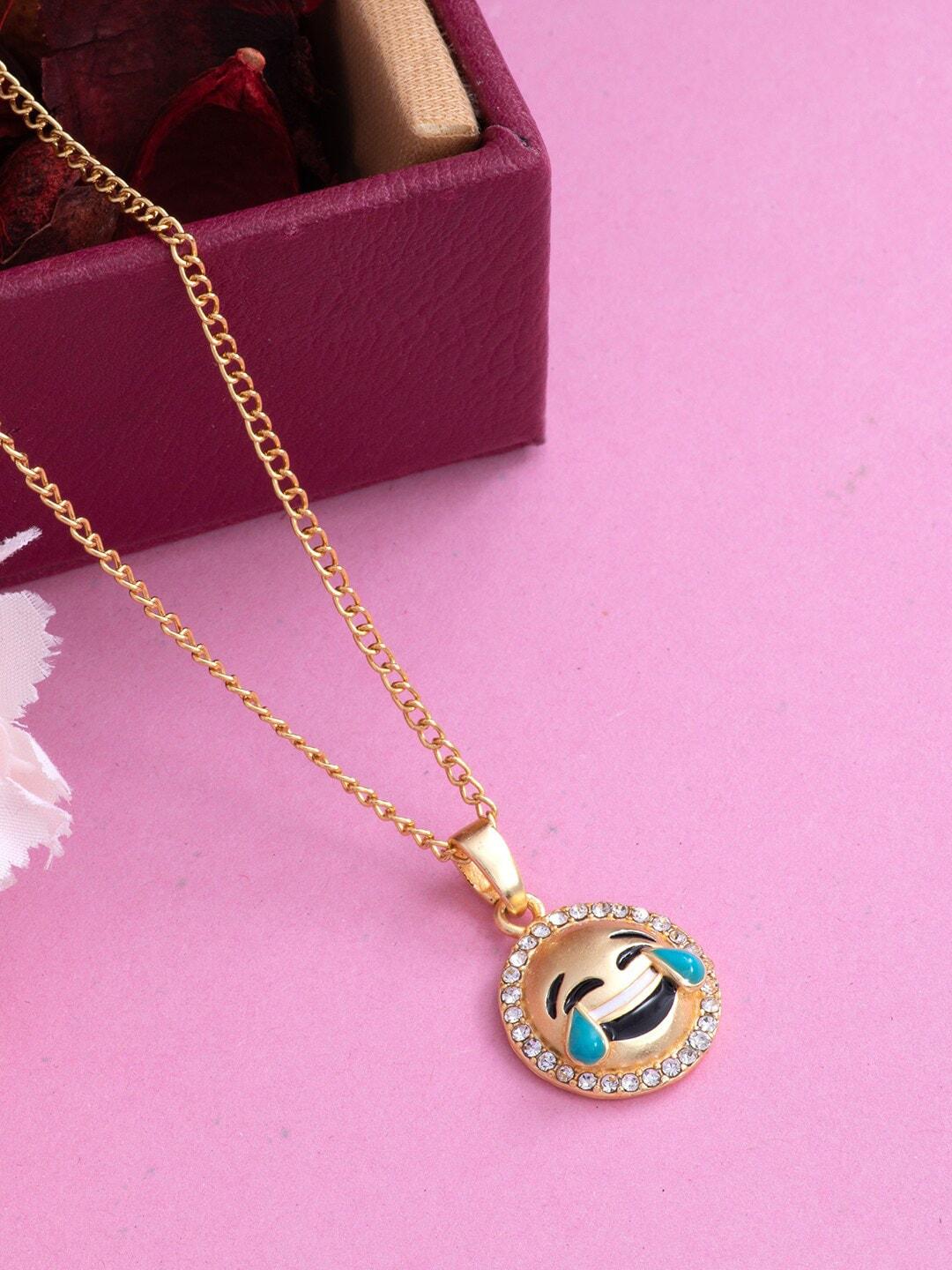 Estele  Gold-Plated Stone-Studded & Circular Emoji -Charm Pendant With Chain