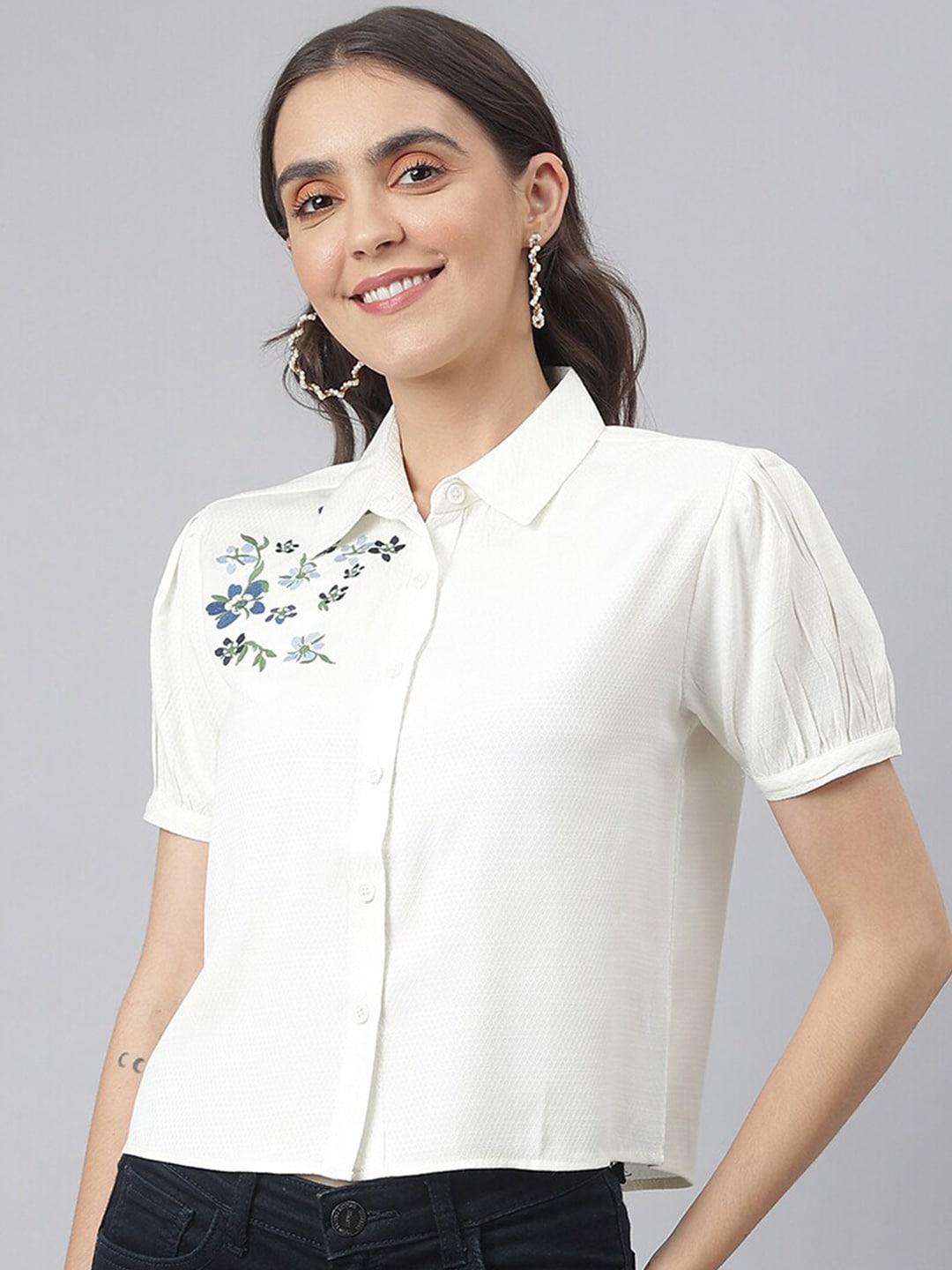 Miss Grace Self Design Embroidered Puff Sleeves Shirt Style Top