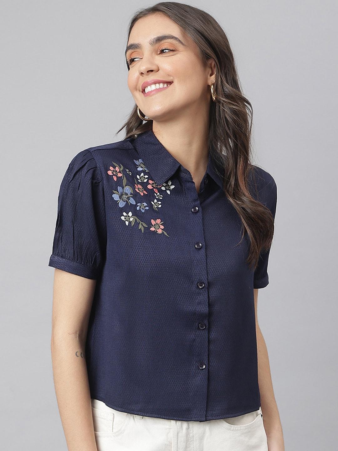 Miss Grace Floral Embroidered Puff Sleeves Shirt Style Top