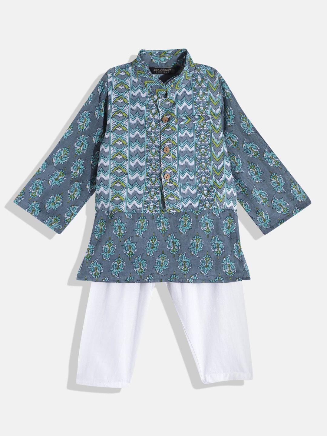 Readiprint Fashions Boys Printed Pure Cotton Kurta With Pyjamas & Nehru Jacket
