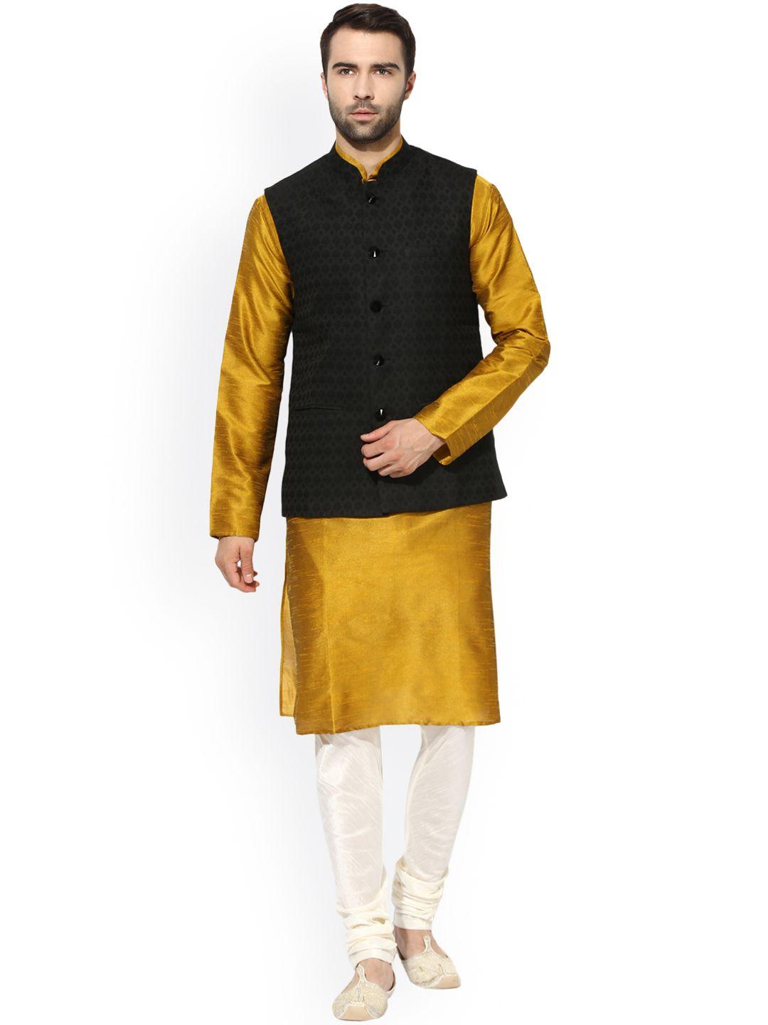 kisah-men-gold-toned-&-black-solid-kurta-churidar-with-nehru-jacket