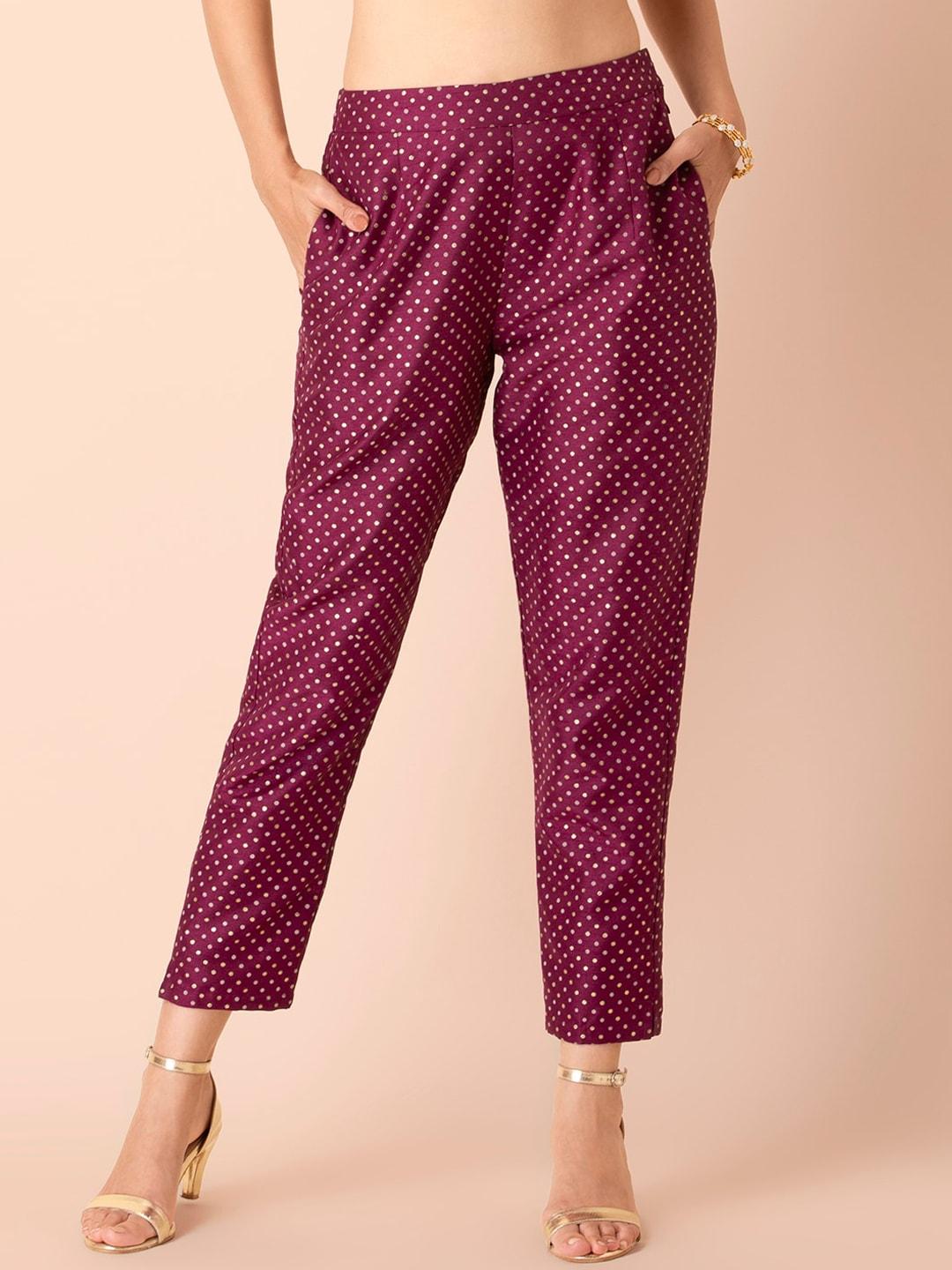 indya-women-mid-rise-polka-dot-&-foil-printed-plain-cigarette-trousers