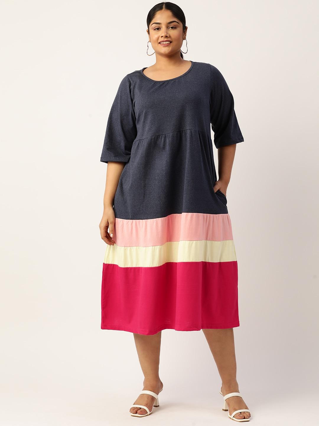 theRebelinme Plus Size Colourblocked A-Line Pure Cotton Midi Dress