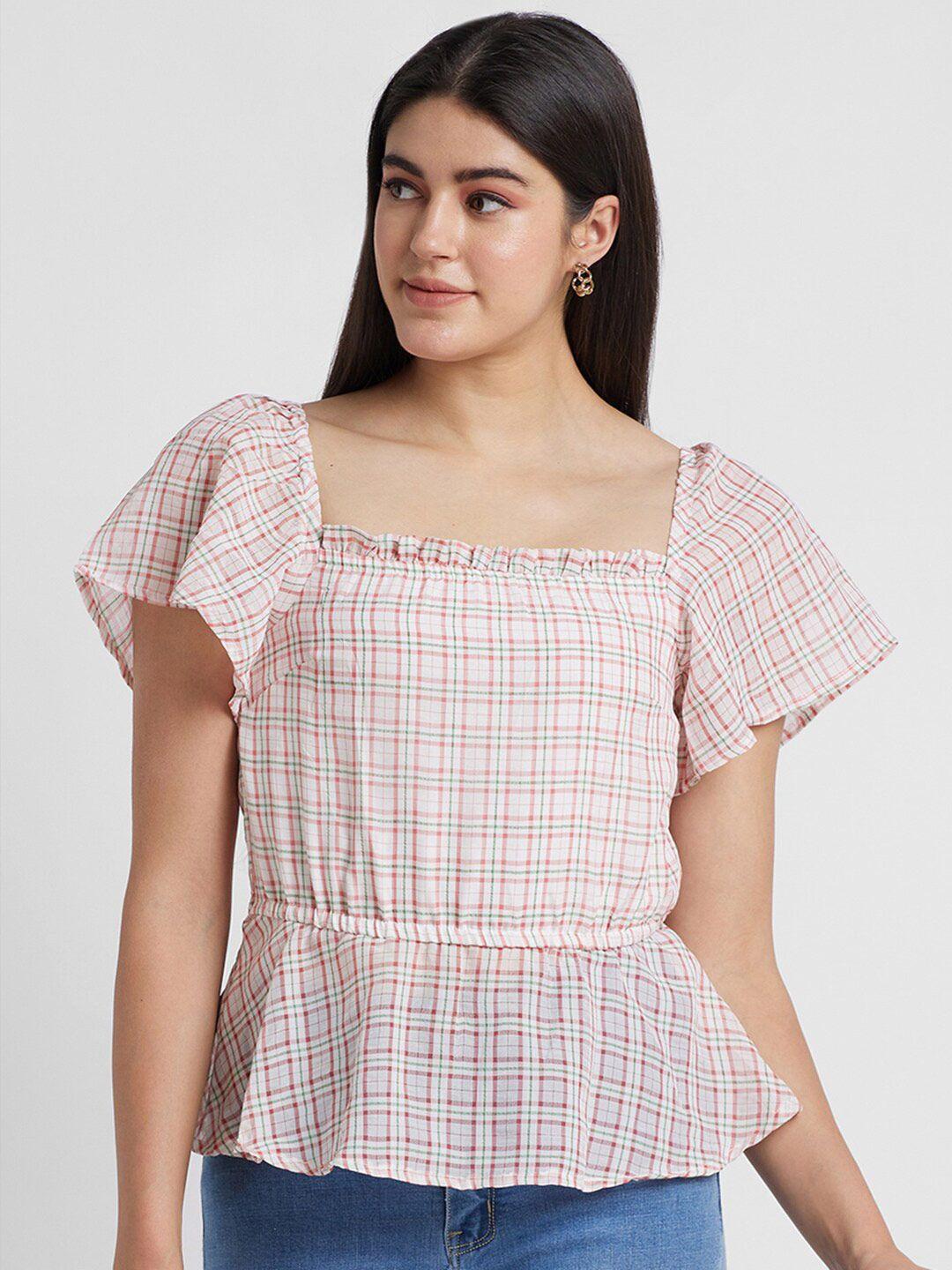 globus-checked-square-neck-flared-sleeves-peplum-top