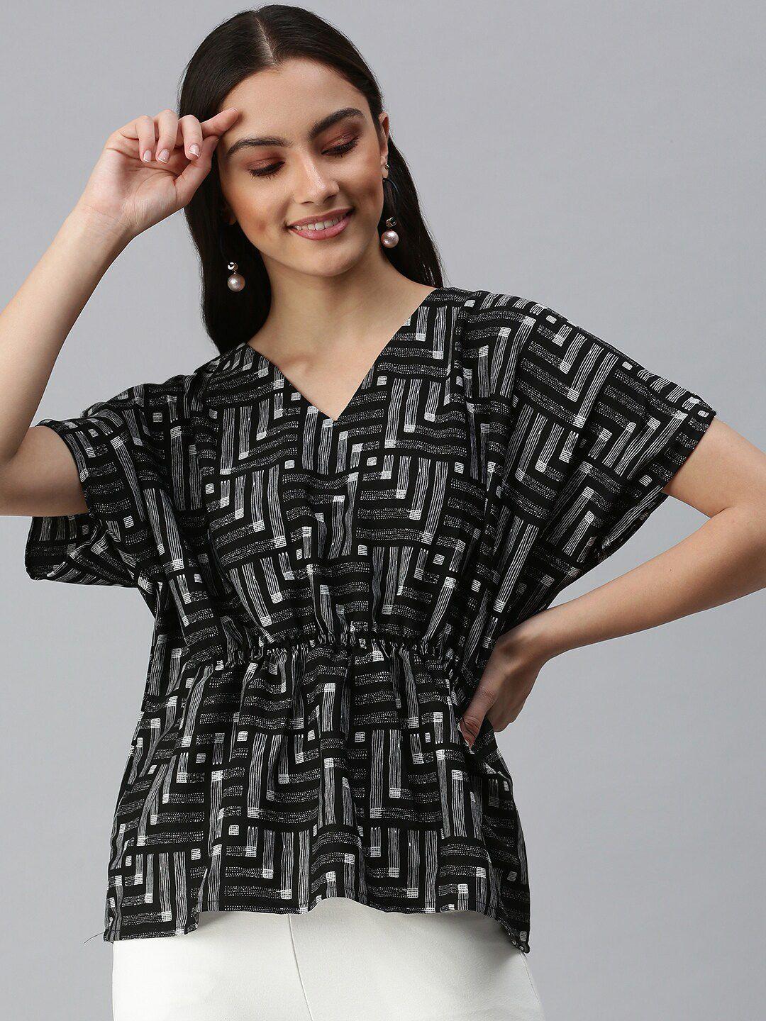 showoff-geometric-printed-v-neck-extended-sleeves-cinched-waist-top