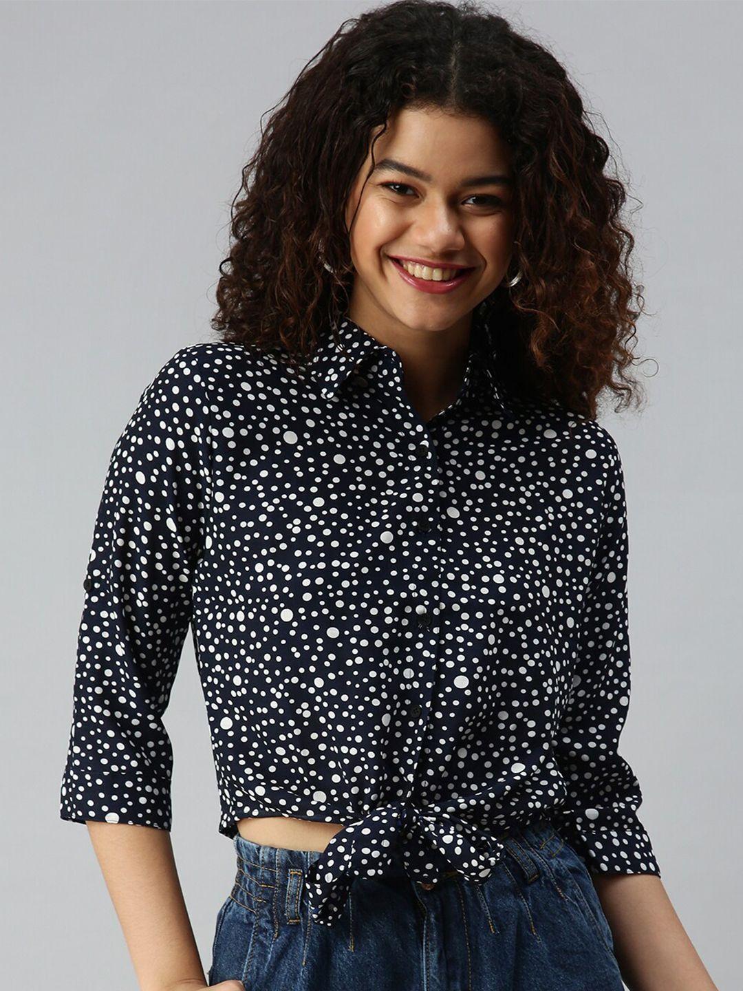 SHOWOFF Polka Dots Printed Three-Quarter Sleeves Tie-Up Front Shirt Style Crop Top
