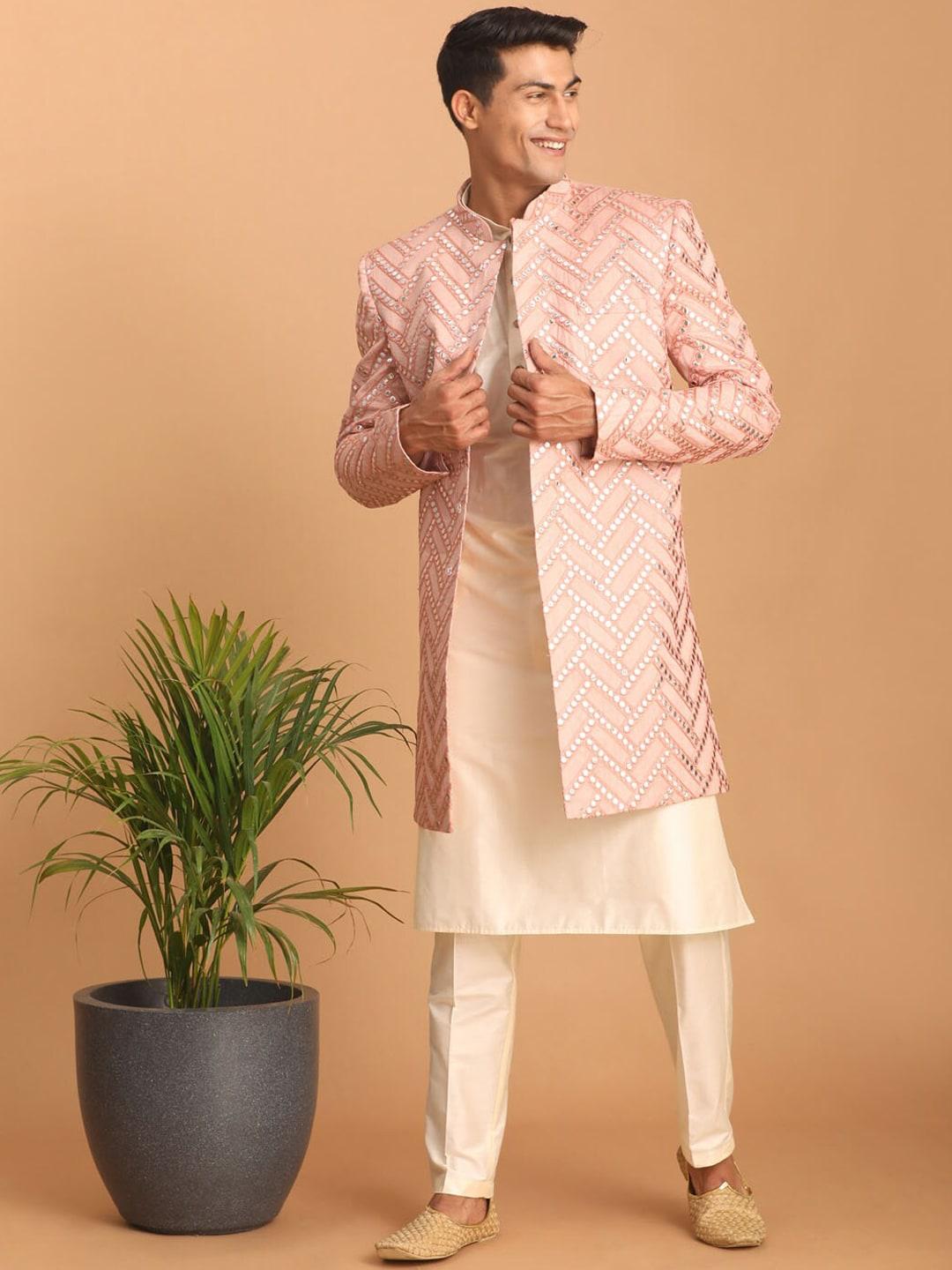 SHRESTHA BY VASTRAMAY Men Pink Mirror Work Indo Western Sherwani With Kurta Pyjama Set