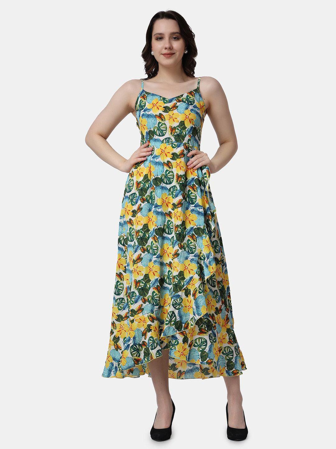 popwings-floral-printed-shoulder-strap-gathered-fit-&-flare-midi-dress