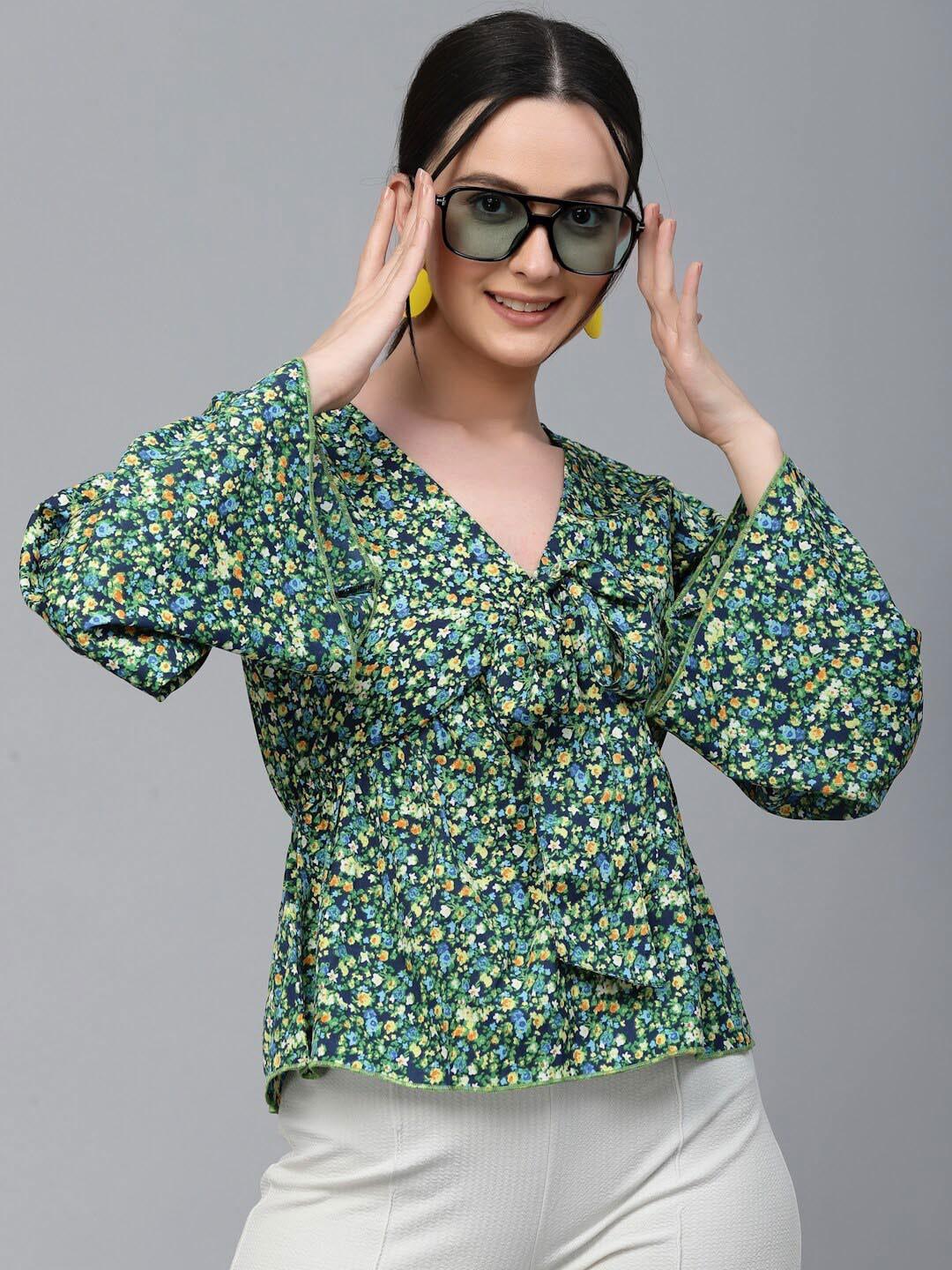 Style Quotient Floral Print Bell Sleeve Cinched Waist Top