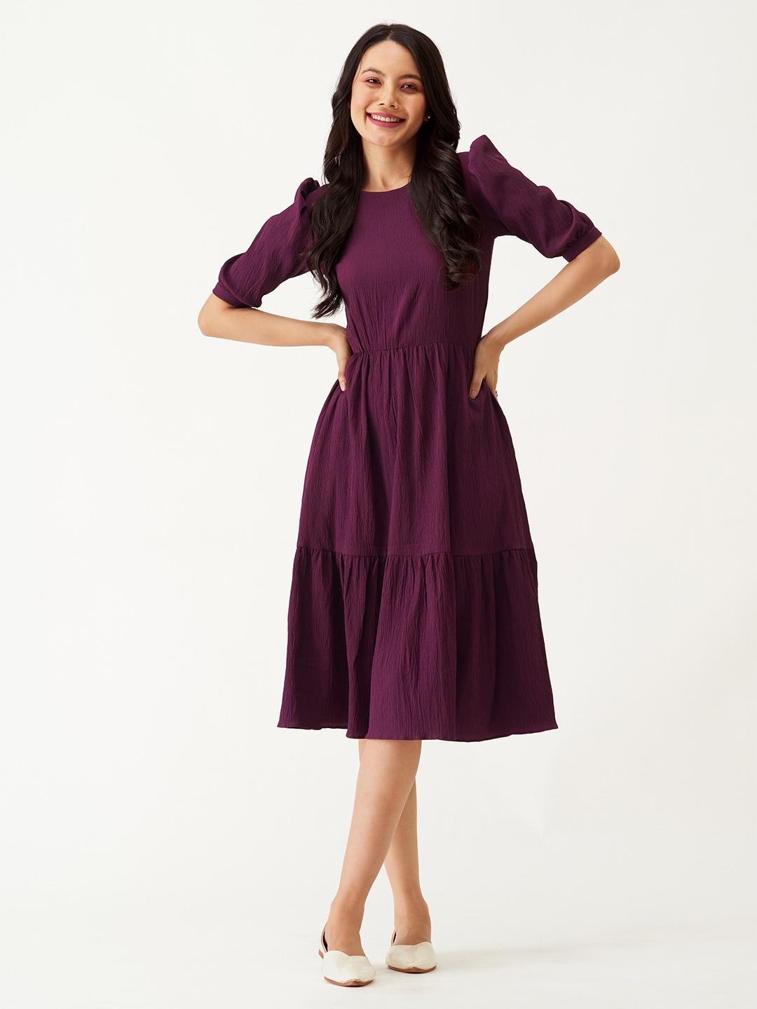 aask-puff-sleeve-crepe-fit-&-flare-dress