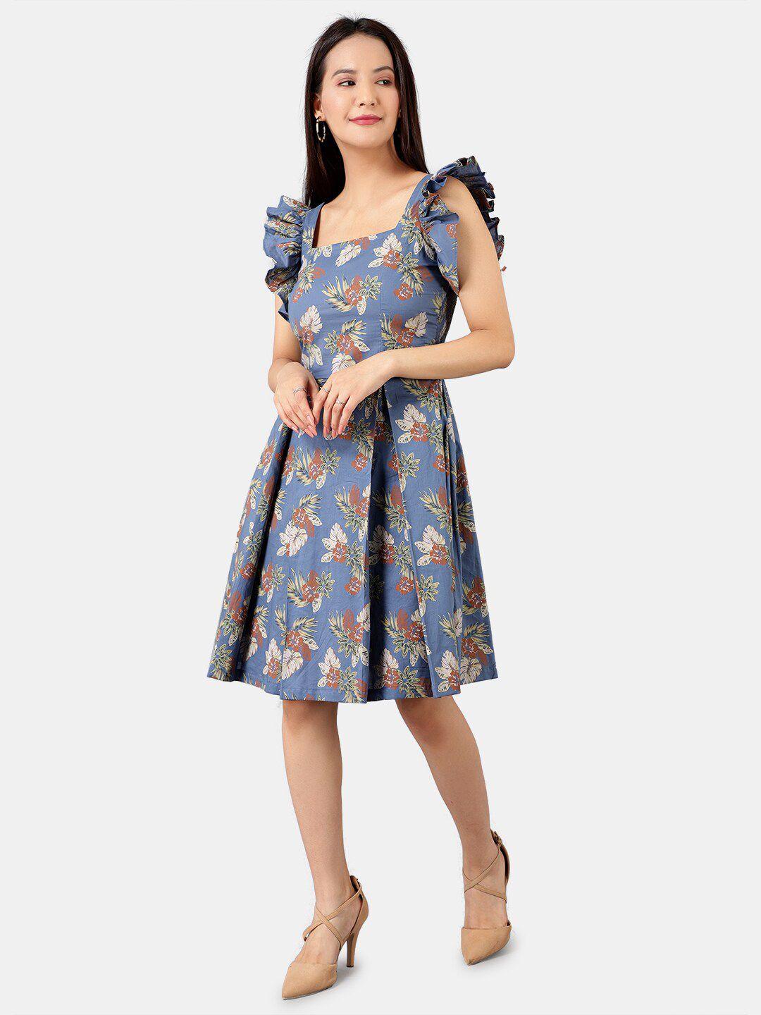indophilia-floral-printed-flutter-sleeves-fit-&-flare-dress