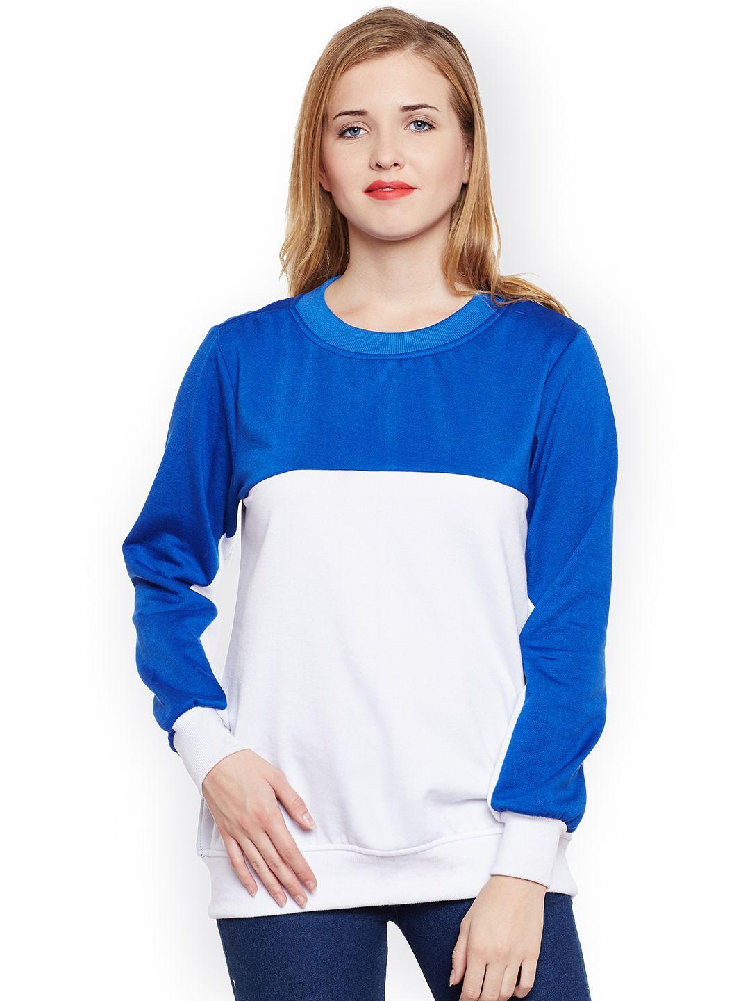 Belle Fille Women Blue & White Colourblocked Sweatshirt