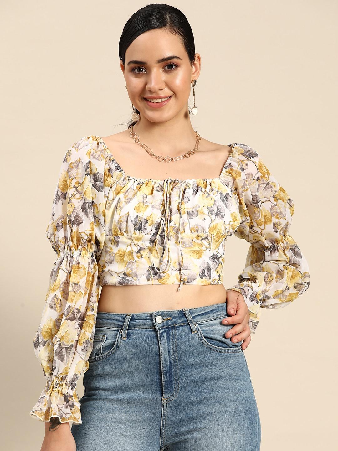 DODO & MOA Floral Print Puff Sleeves Georgette Crop Top
