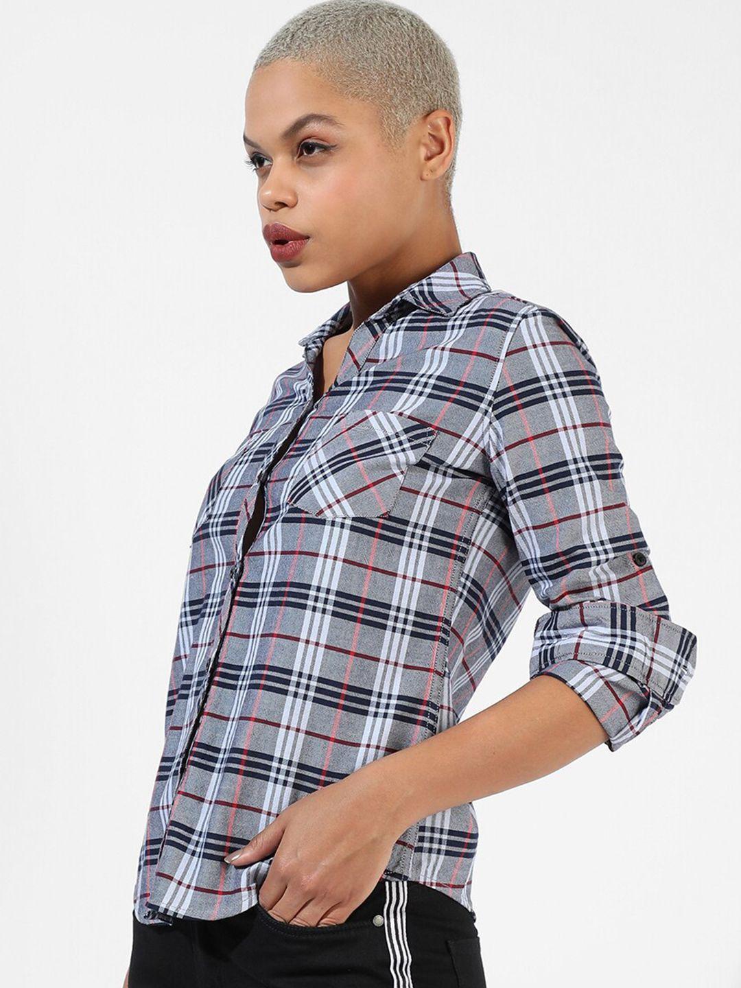 Campus Sutra Tartan Checked Spread Collar Roll-Up Sleeves Classic Cotton Casual Shirt