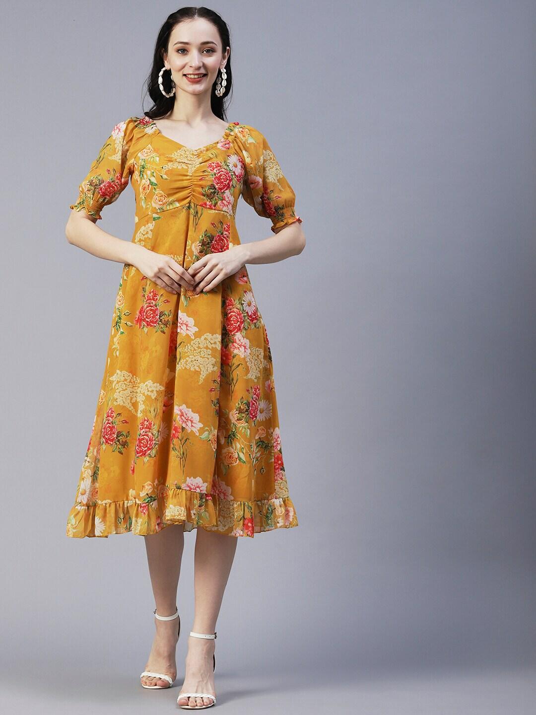 FASHOR Mustard Yellow Floral Print Cold-Shoulder Georgette A-Line Midi Dress