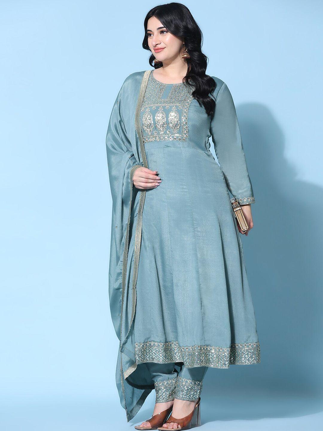 Ziva Fashion Ethnic Motifs Yoke Design Pure Silk Anarkali Kurta with Trousers & Dupatta