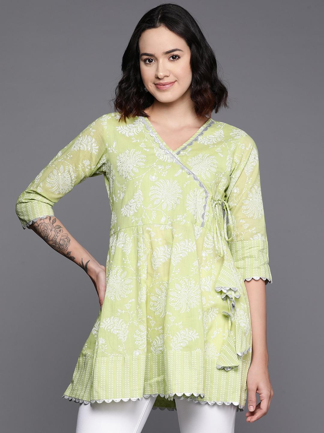 Ahalyaa Floral Printed Cotton Tunic With Lace Inserts Detail