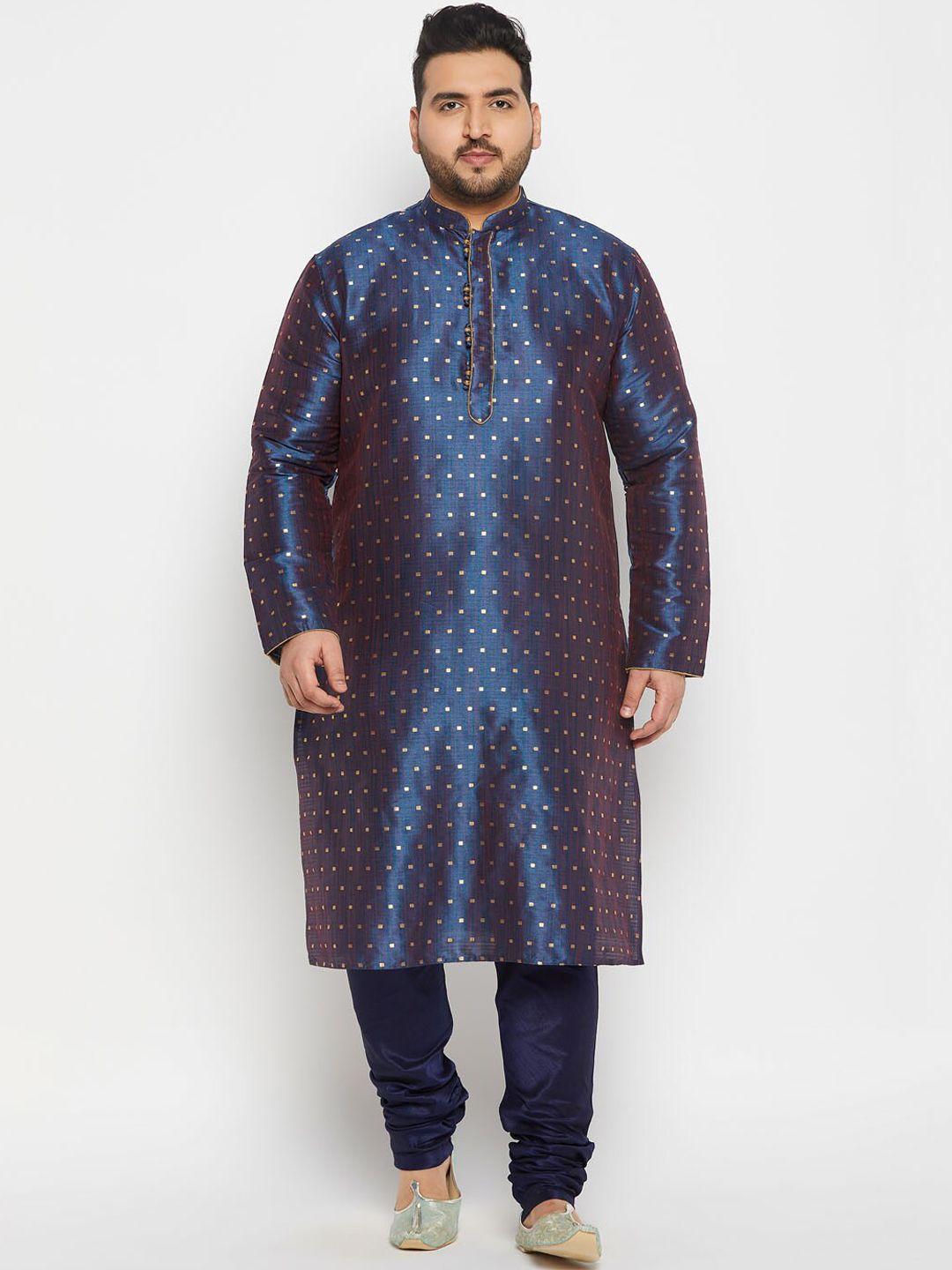 vastramay-plus-men-plus-size-geometric-woven-design-mandarin-collar-kurta-with-churidar