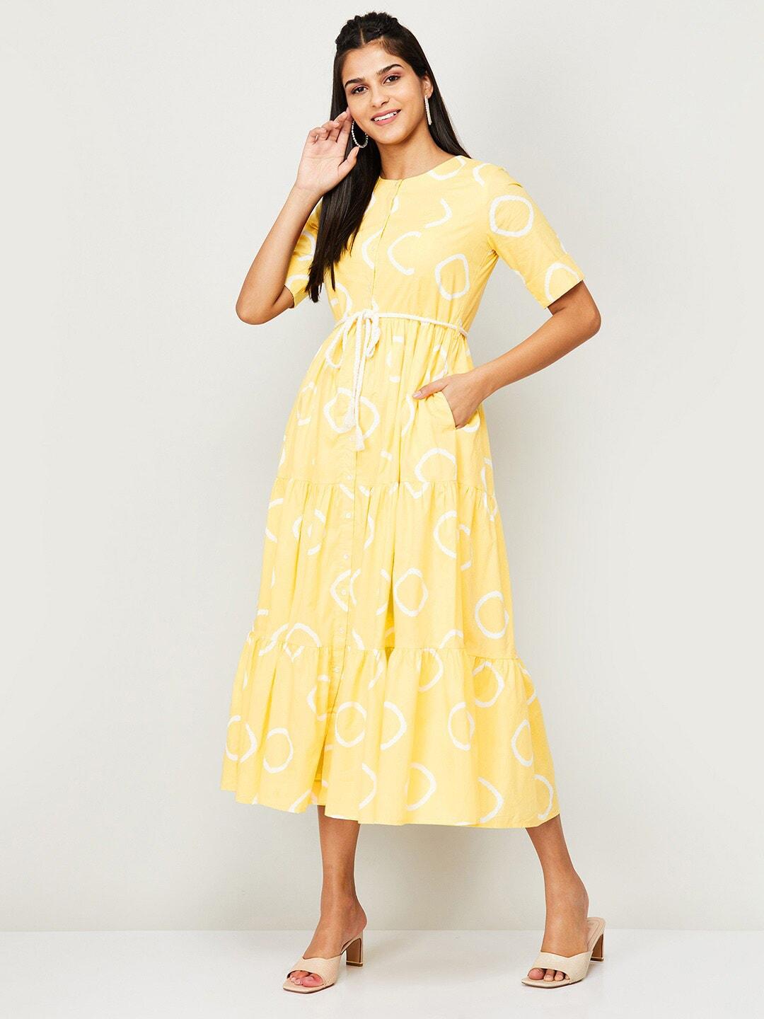 colour-me-by-melange-geometric-printed-tiered-pure-cotton-fit-&-flare-midi-dress
