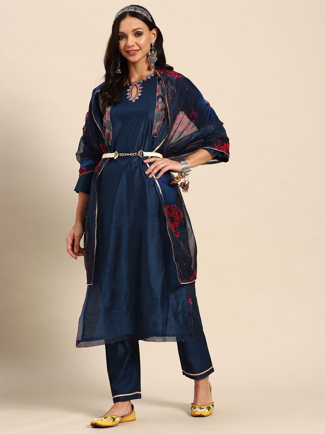 Sangria Women Floral Embroidered Regular Sequinned Kurta with Trousers & With Dupatta