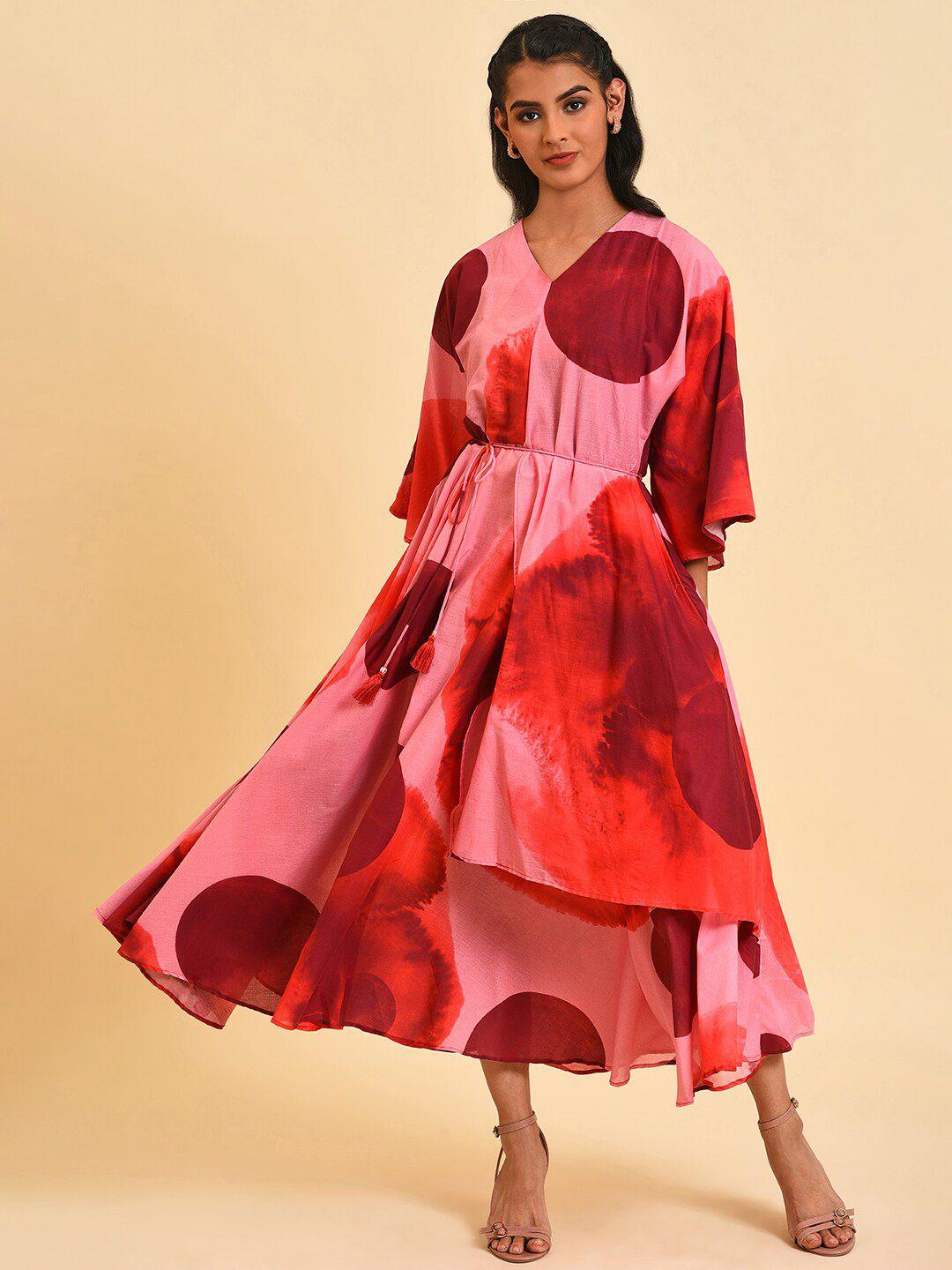 w-v-neck-tie-and-dye-printed-fit-and-flare-midi-pure-cotton-dress-with-belt