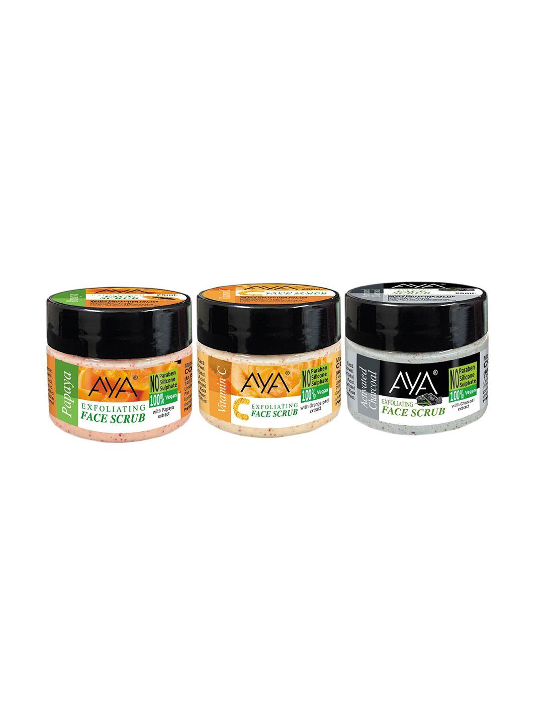 AYA Set of 3 Exfoliating Face Scrub 25 ml each - Activated Charcoal + Papaya + Vitamin C