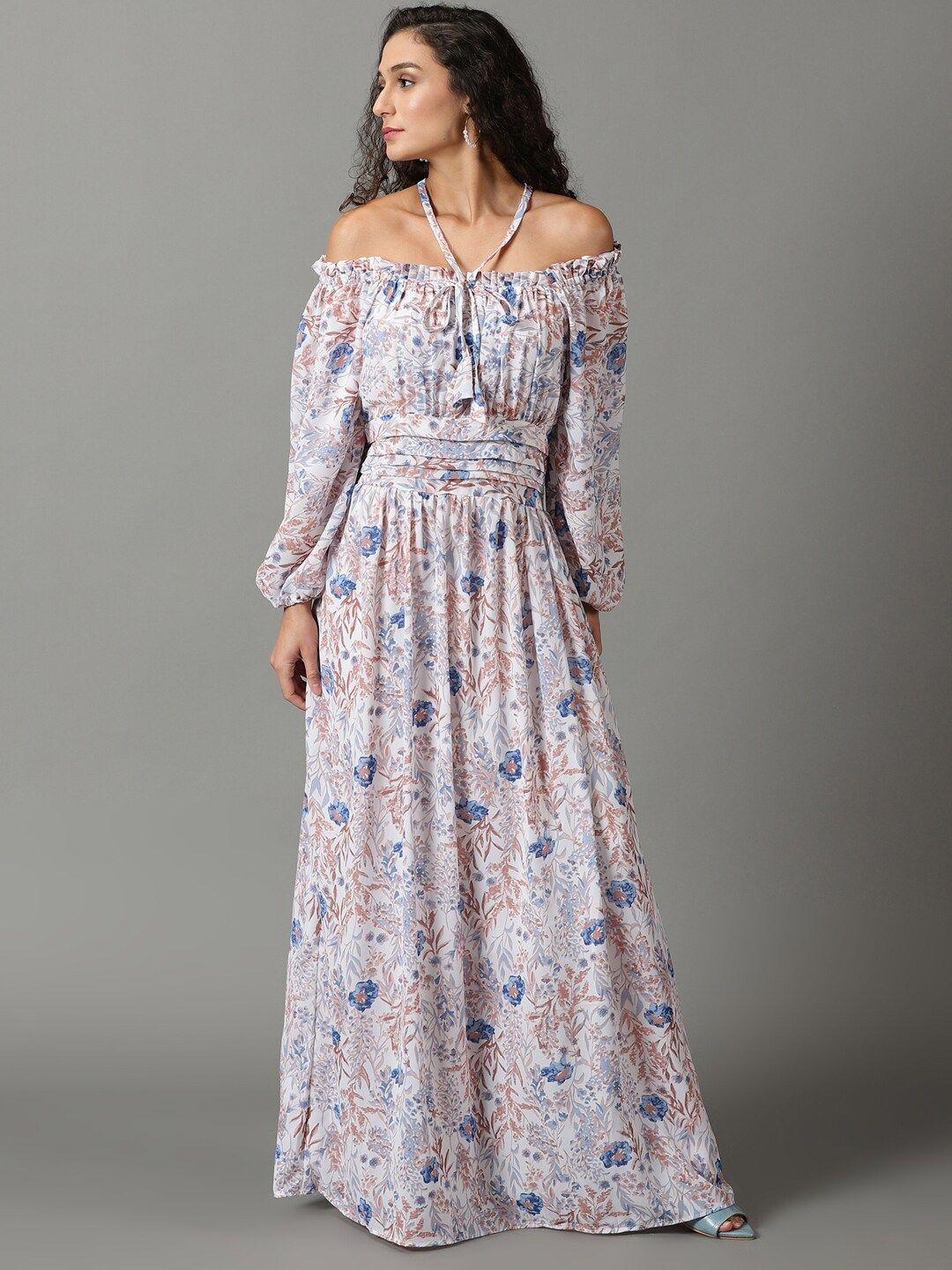 showoff-floral-printed-off-shoulder-puff-sleeves-gathered-fit-&-flare-maxi-dress