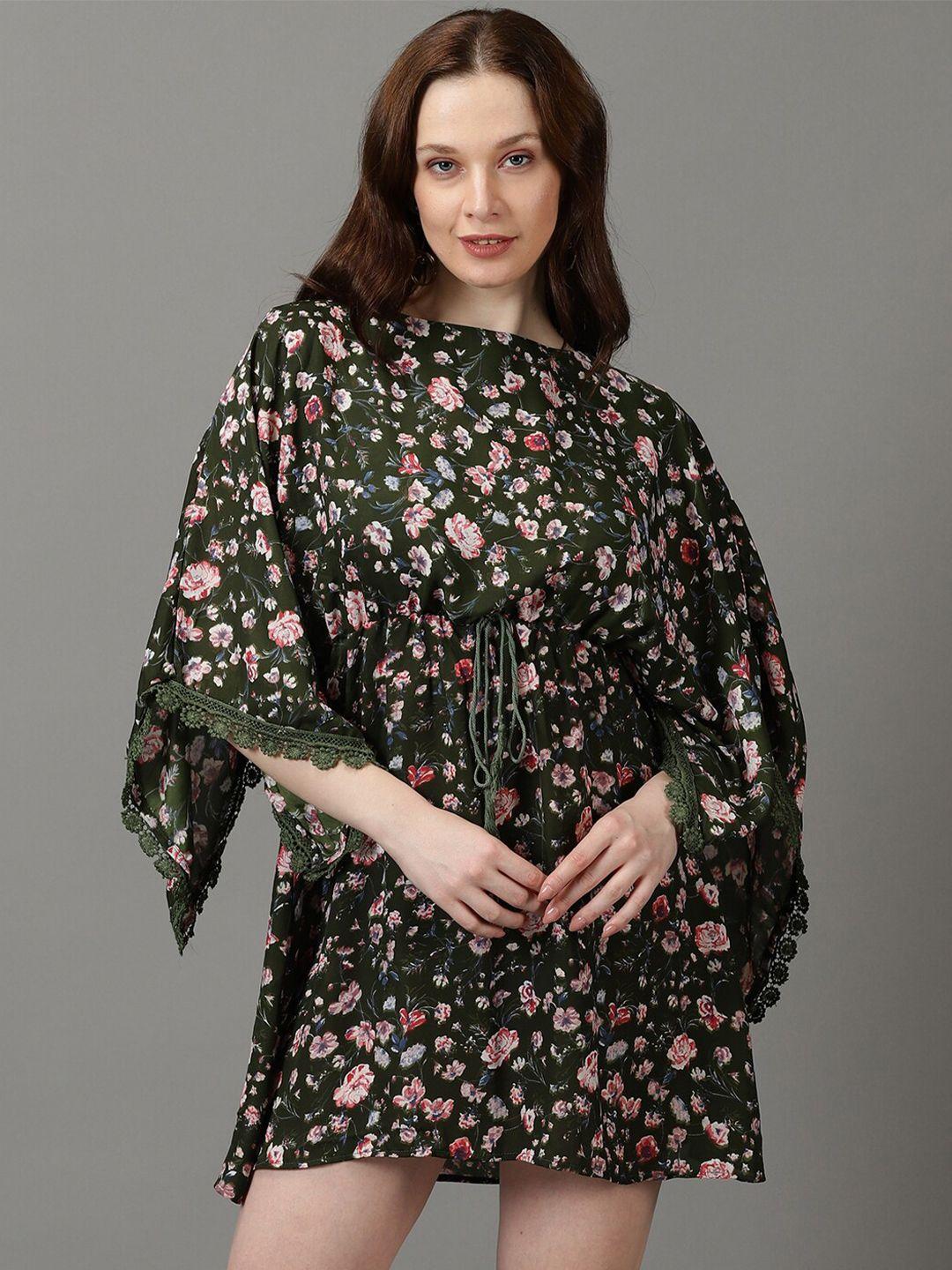 SHOWOFF Floral Printed Kimono Sleeves Lace Inserts Kaftan Dress