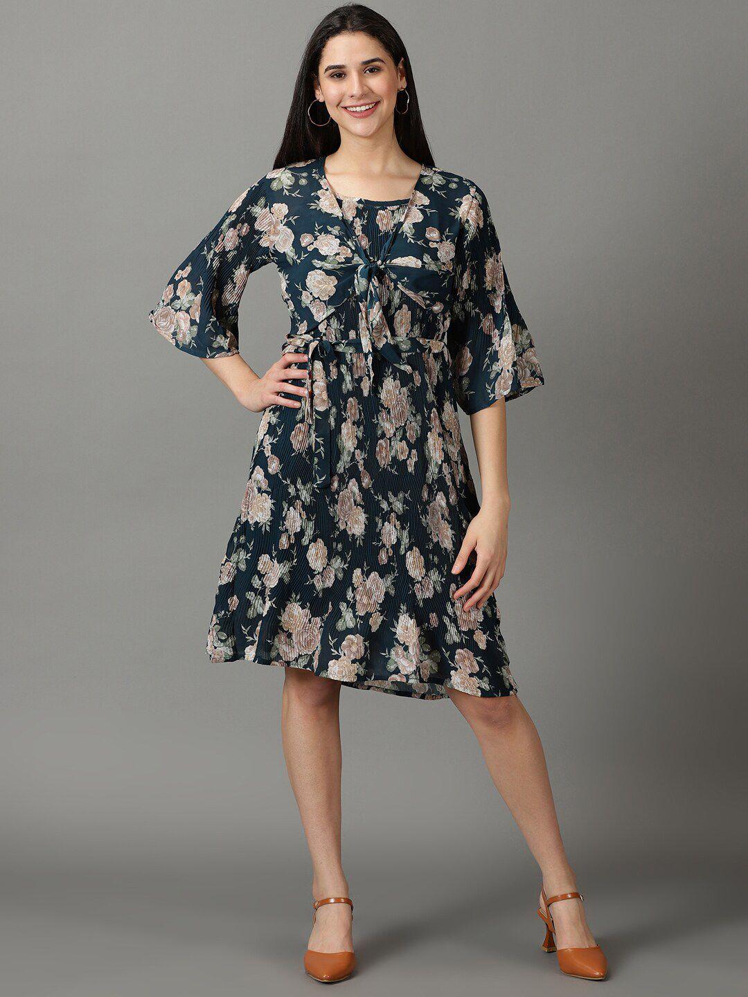 showoff-floral-printed-accordion-pleats-fit-&-flare-dress