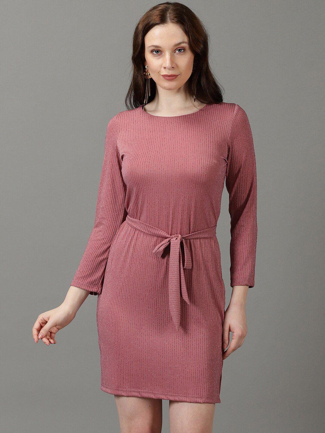 SHOWOFF Round Neck Striped A-Line Dress With Belt