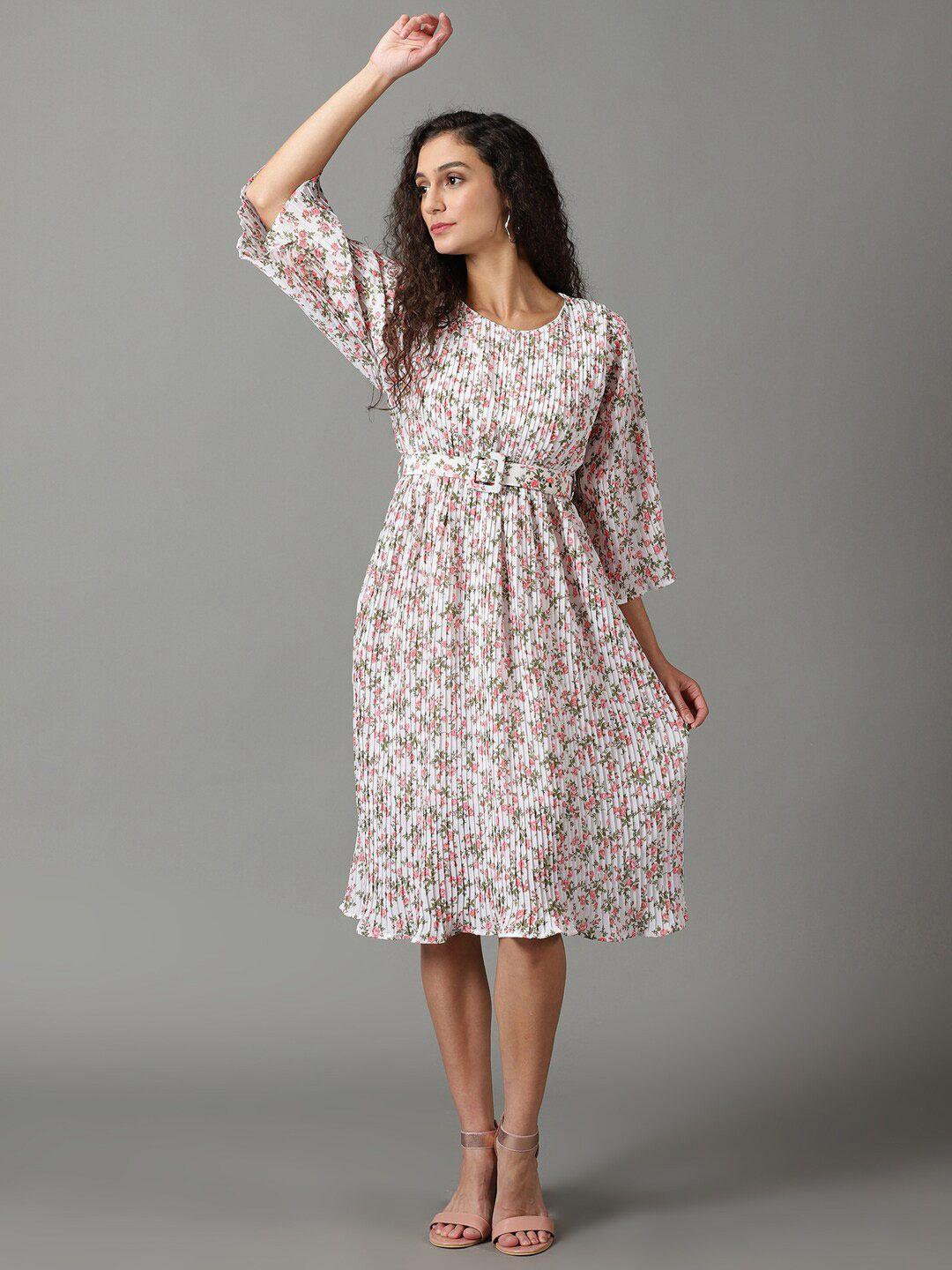 showoff-round-neck-accordion-pleats-floral-printed-chiffon-a-line-dress-with-belt