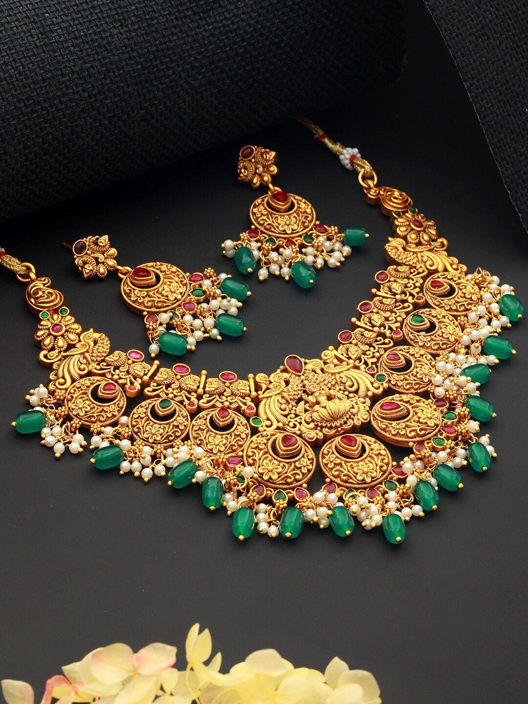 Saraf RS Jewellery Gold Plated CZ-Studded & Beaded Temple  Necklace & Earrings Set