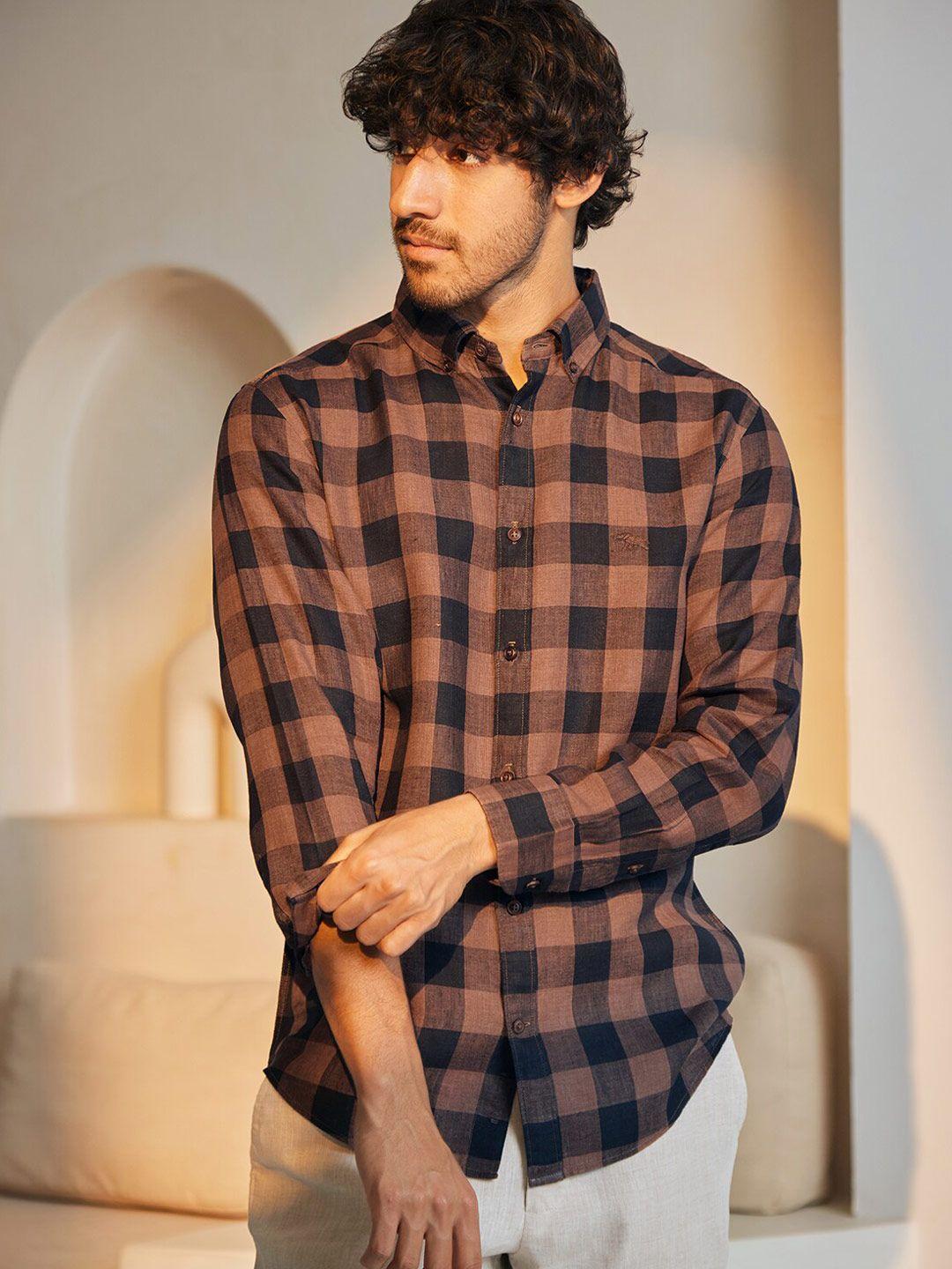 andamen-checked-long-sleeves-premium-fit-linen-casual-shirt