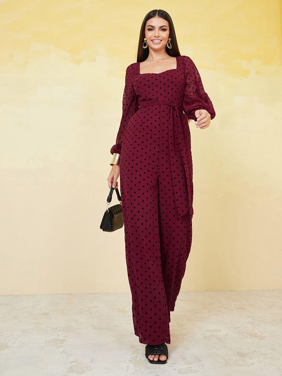 styli-burgundy-&-black-polka-dots-printed-basic-jumpsuit