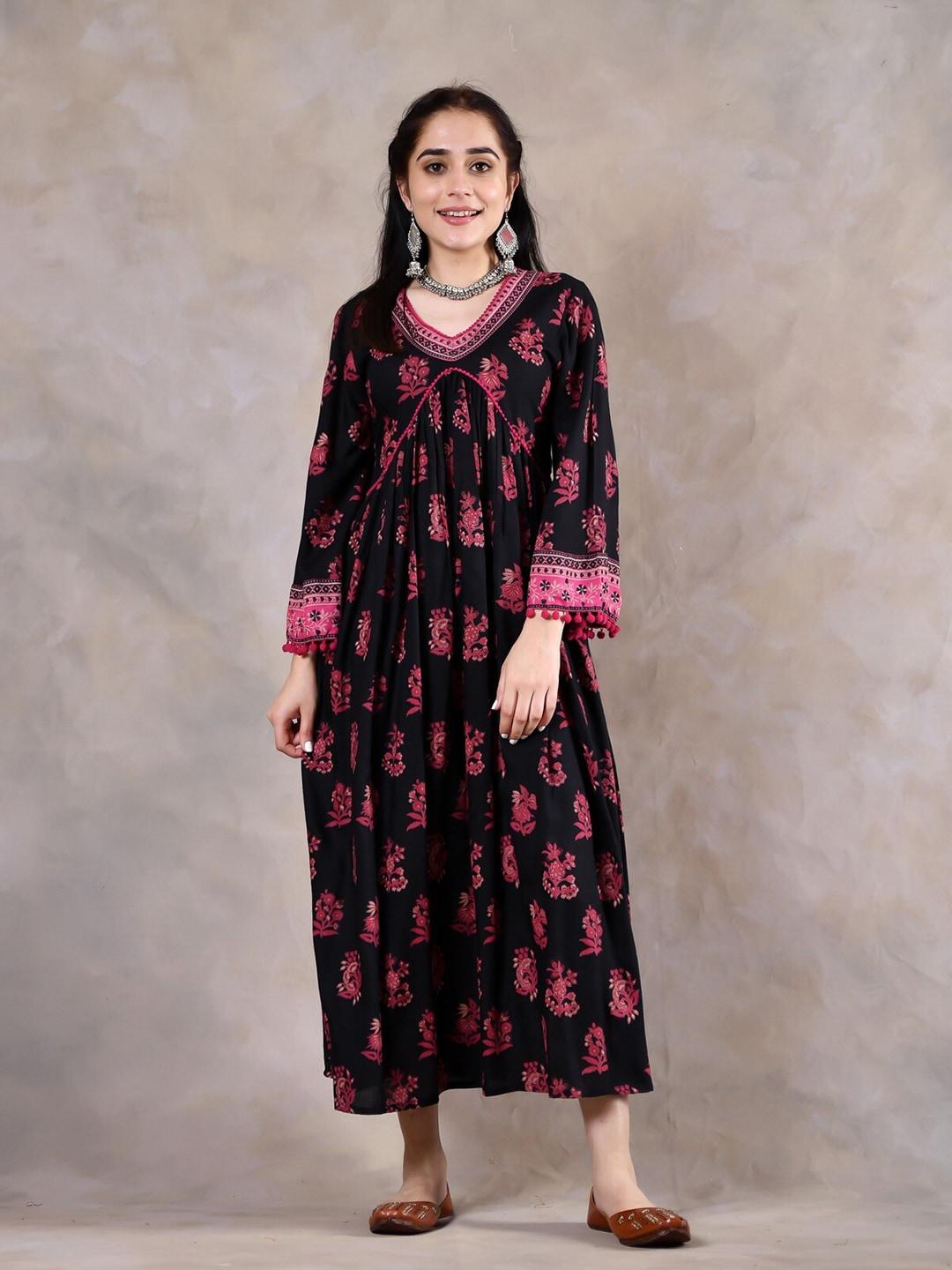 rustorange-floral-print-gathered-or-pleated-fit-and-flare-midi-ethnic-dresses