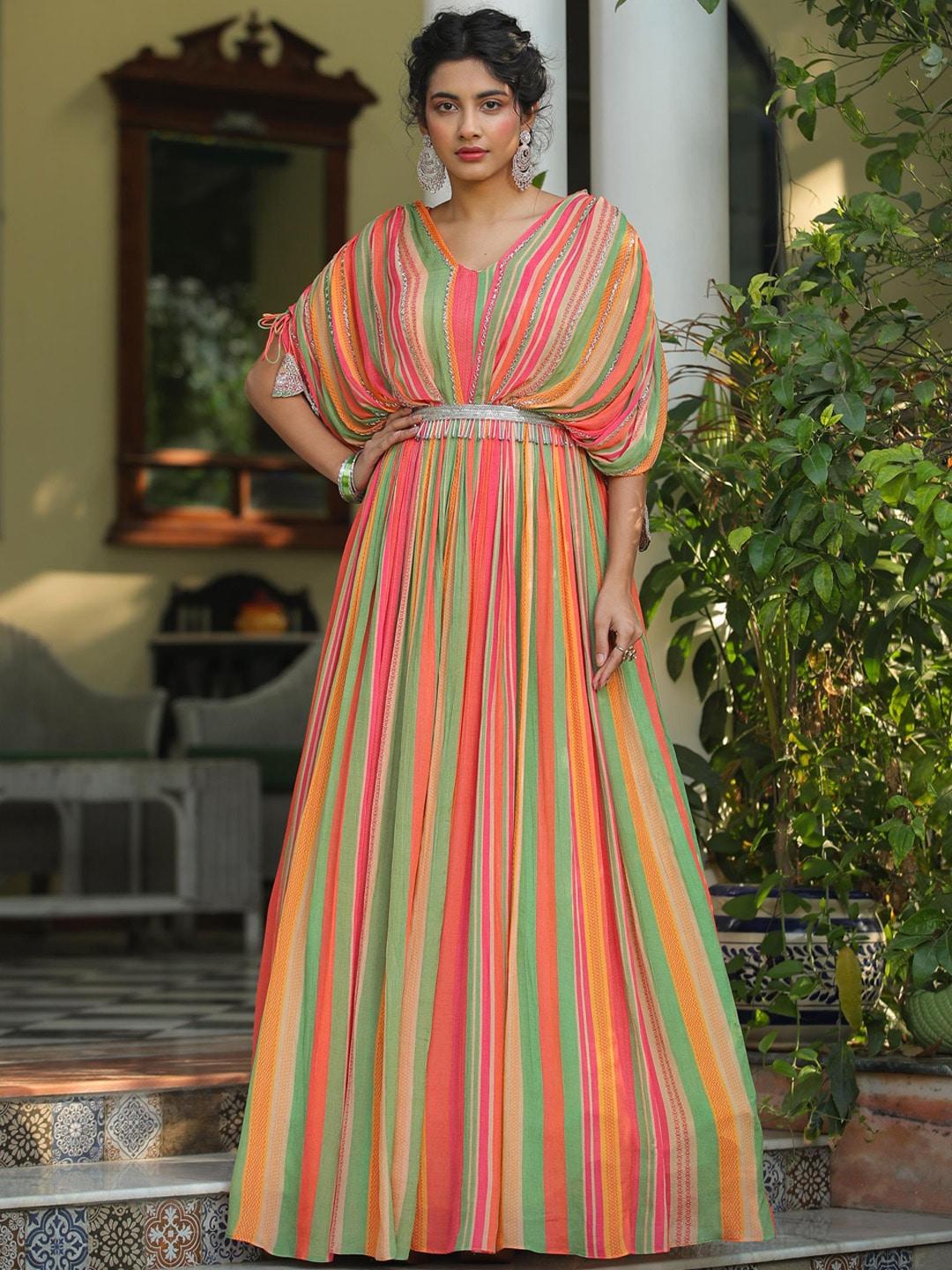 SCAKHI Striped Embellished Gown Shaped Ethnic Dress With Belt