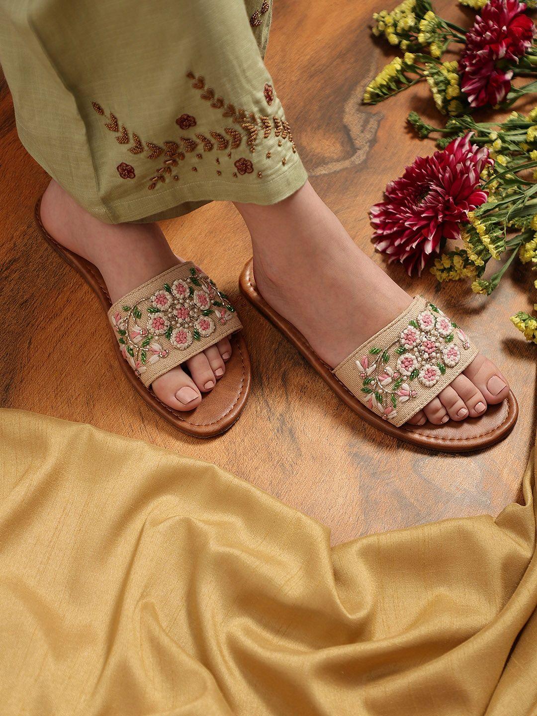 Kiana Women Embroidered Embellished Open Toe Flats