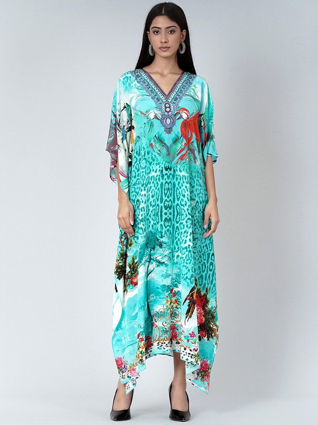 First Resort by Ramola Bachchan Turquoise Blue Print Slit Sleeve Crepe Maxi Dress