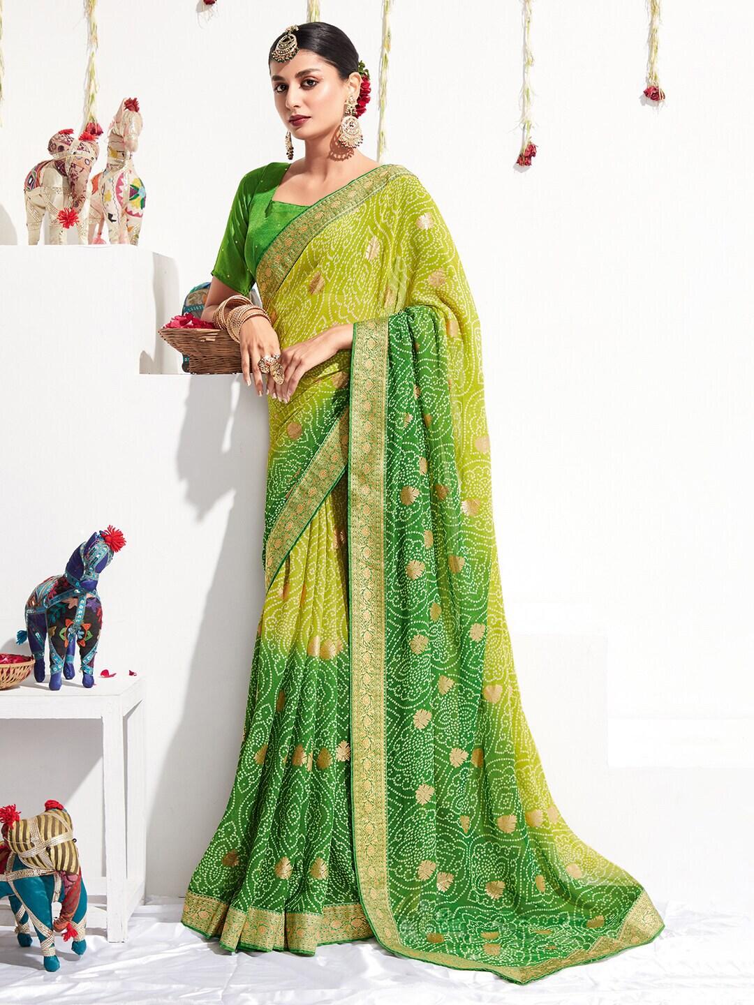 Saree mall Green & Gold-Toned Bandhani Printed Zari Pure Georgette Sarees