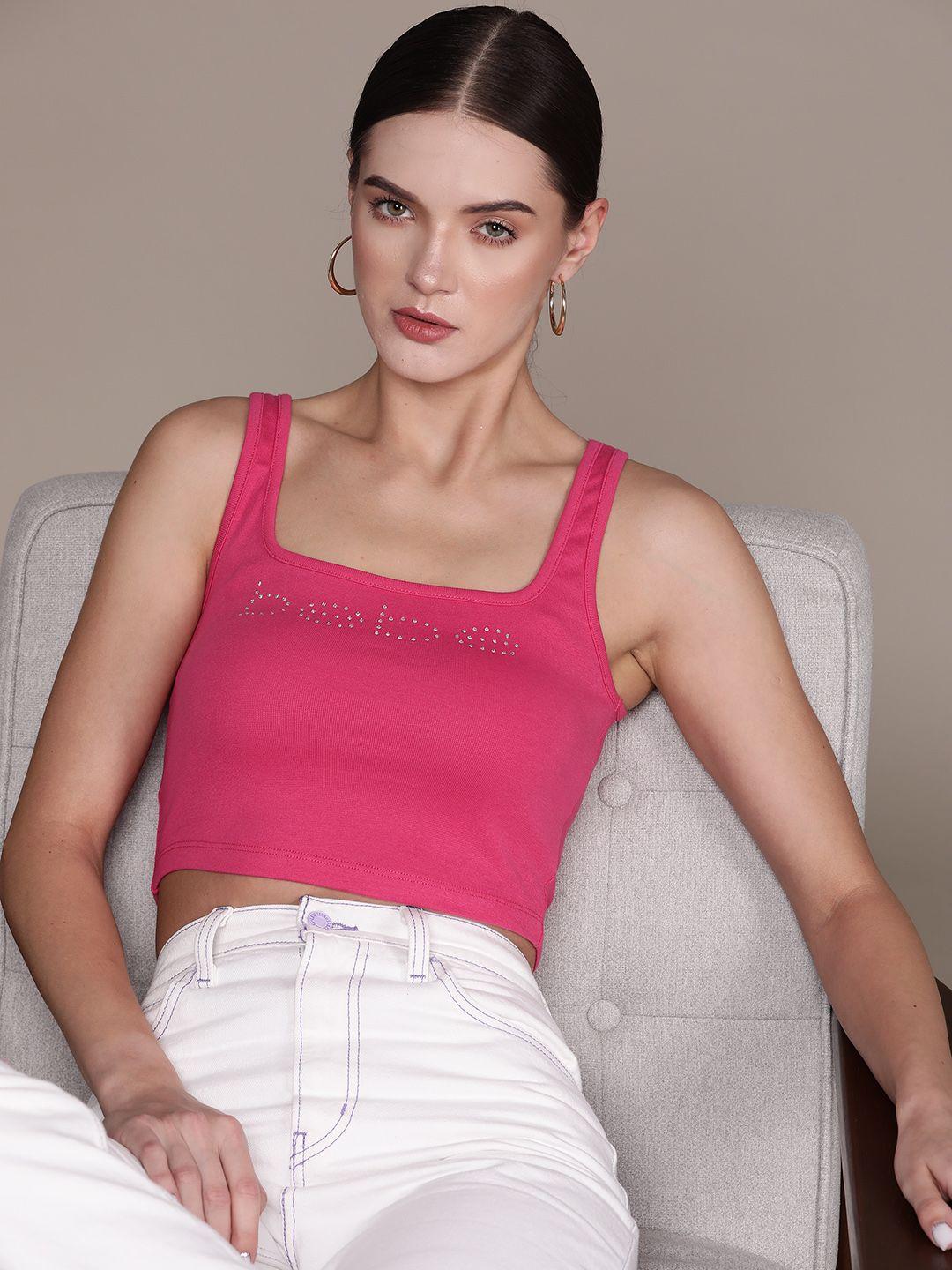 bebe Pink All Day Brand Logo Embellished Fitted Crop Top
