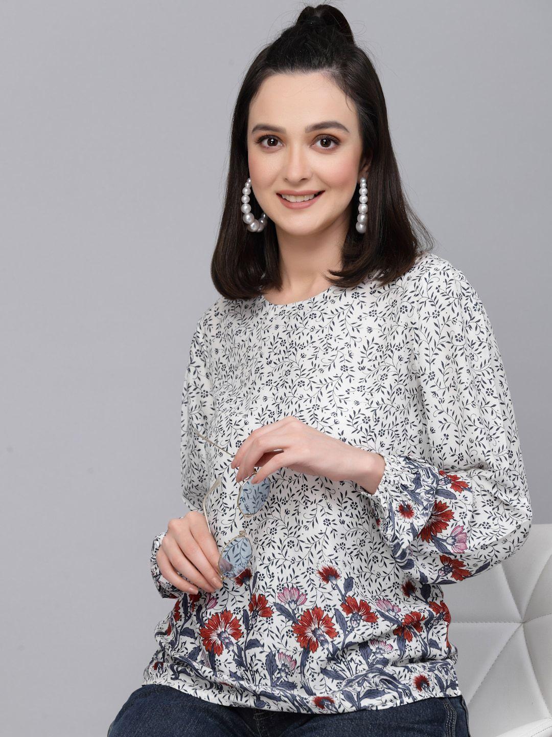 Style Quotient White Floral Printed Puff Sleeves Round Neck Top