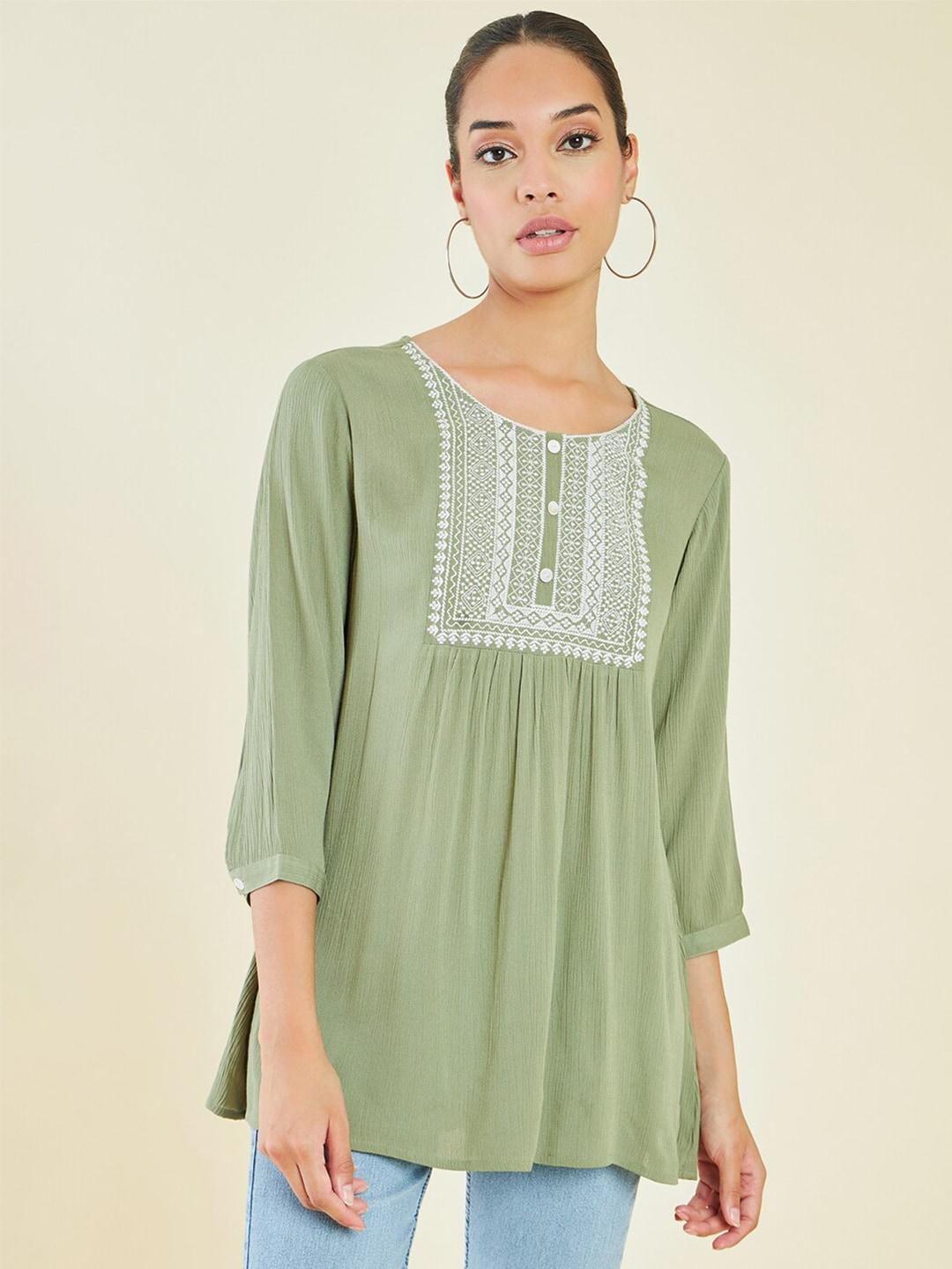 Soch Green & White Embroidered Ethnic Tunic