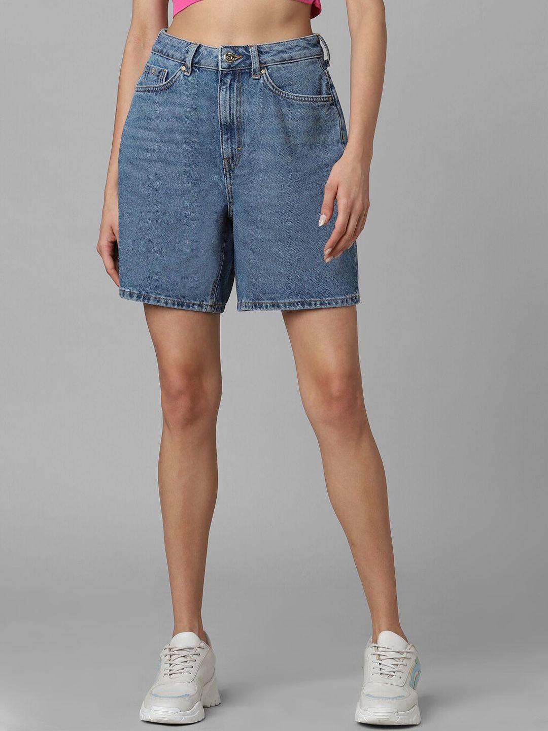 ONLY Women Blue High-Rise Cotton Denim Shorts