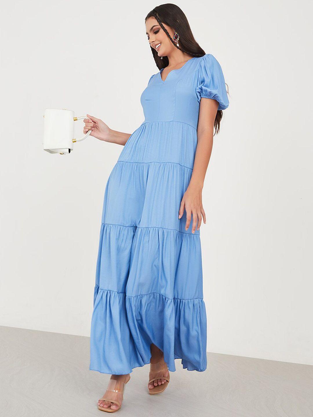Styli Blue V-Neck Tiered Maxi Dress