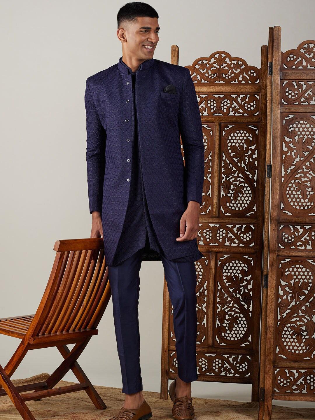 shrestha-by-vastramay-men-jacquard-self-design-sherwani-with-kurta-&-trousers