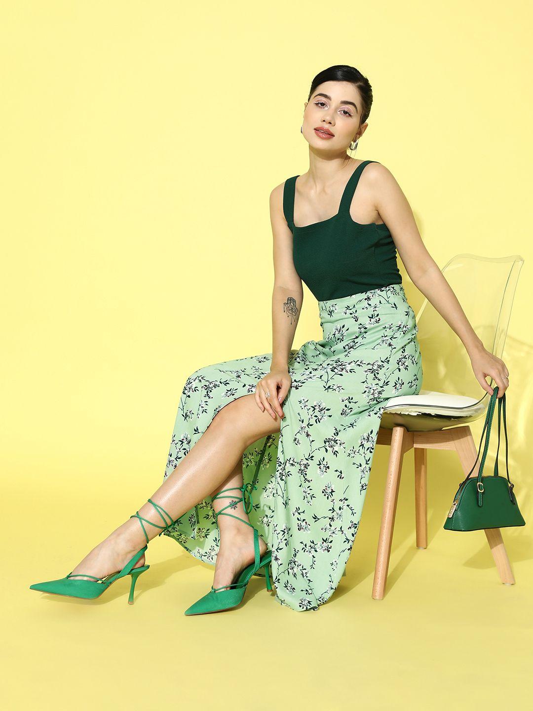 Berrylush Green Floral Printed High-Rise Side-Slit Flared A-Line Maxi Skirt