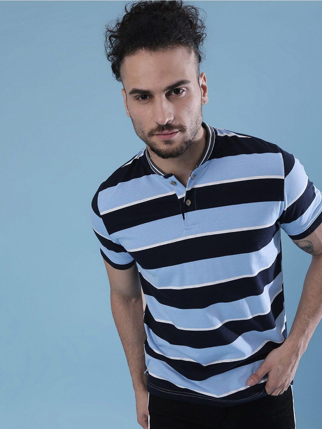 Campus Sutra Blue Striped Henley Neck Casual T-Shirt