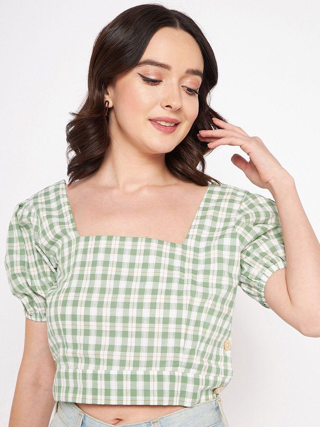 madame-checked-puff-sleeve-boxy-crop-top