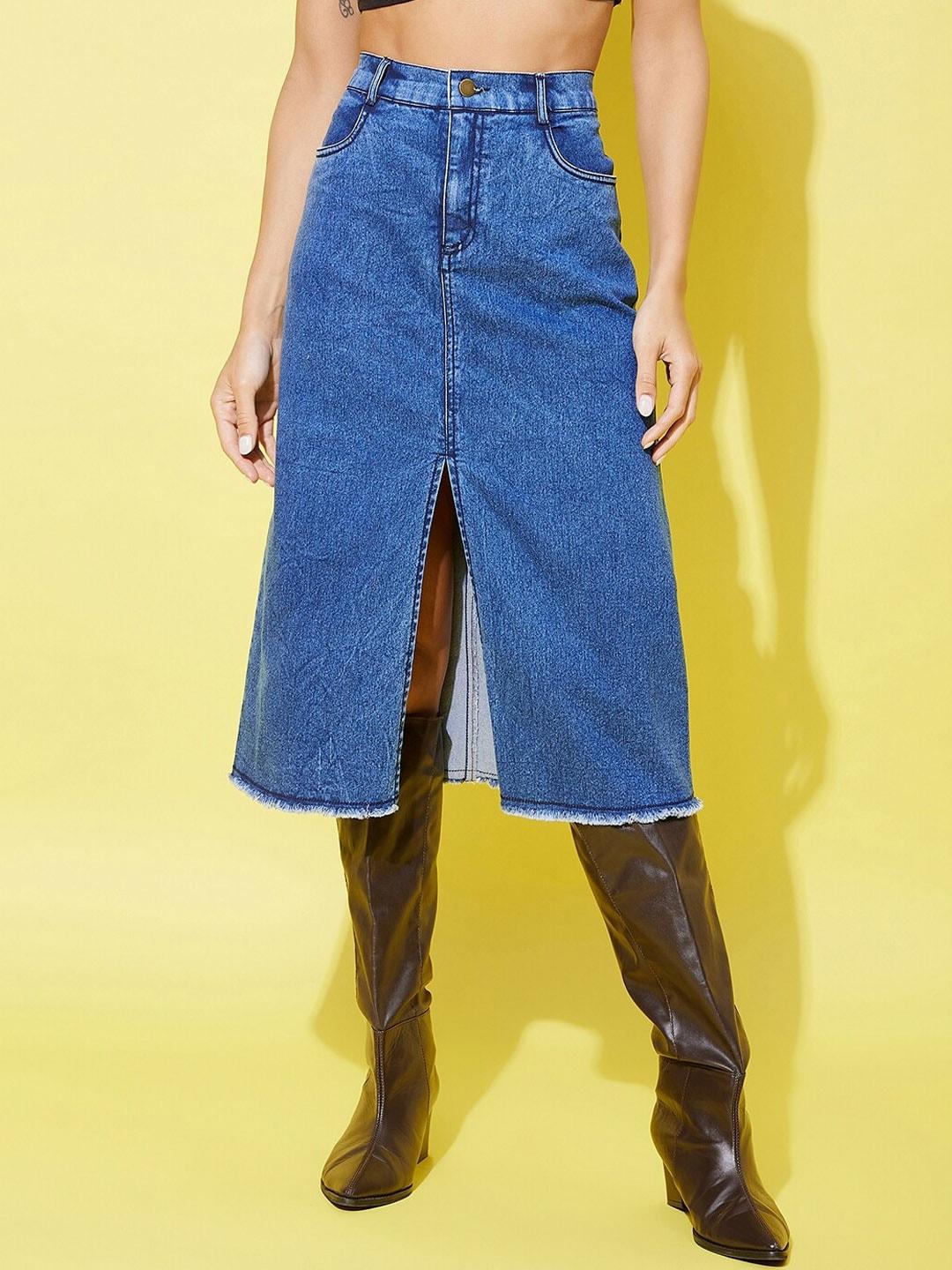 StyleStone A-Line Center Slit Denim Midi Skirt with Fringed Hem